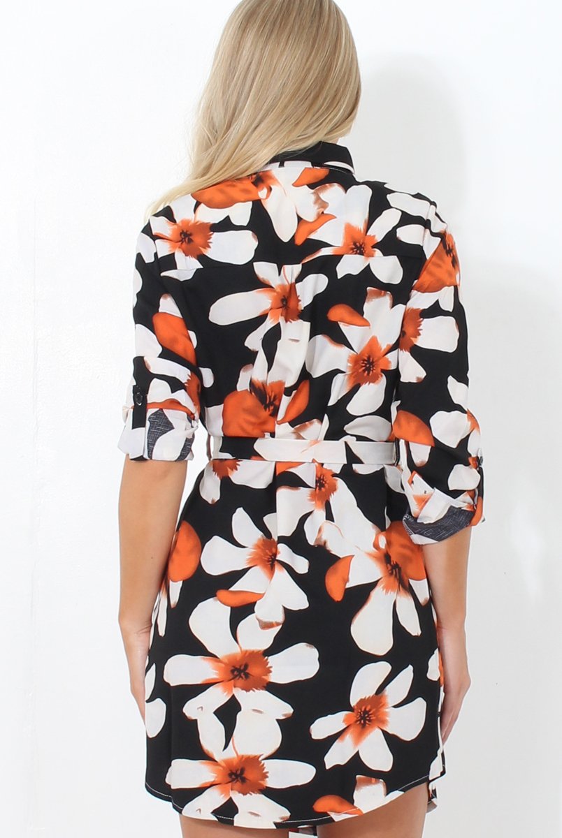 Fraul Black Floral Print Shirt Dress-Dresses