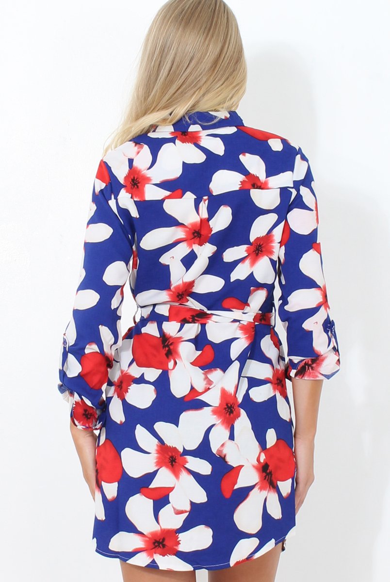Fraul Blue And White Floral Print Shirt Dress-Dresses
