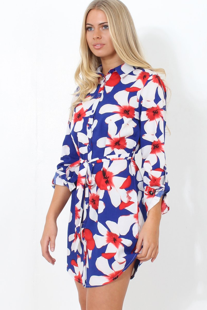 Fraul Blue And White Floral Print Shirt Dress-Dresses