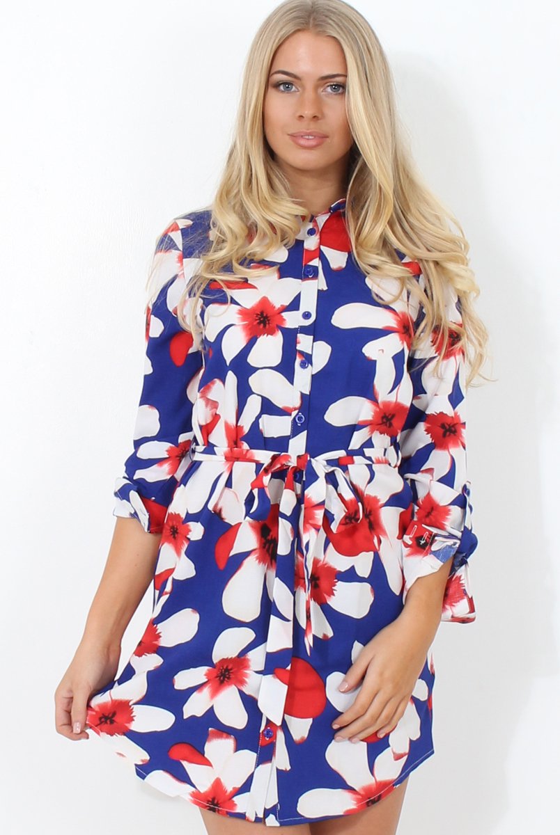 Fraul Blue And White Floral Print Shirt Dress-Dresses