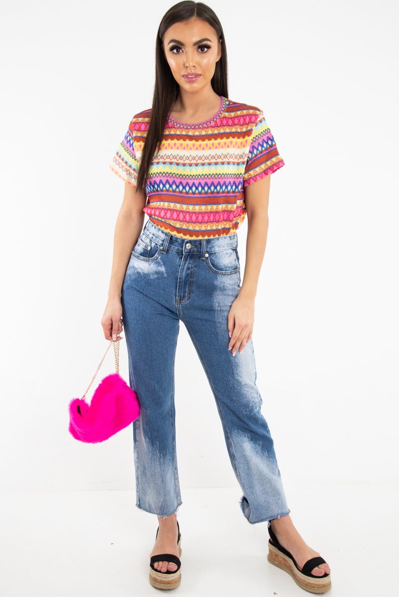 Fuchsia Aztec Print Embroidered T-Shirt - Karinna-T-shirt