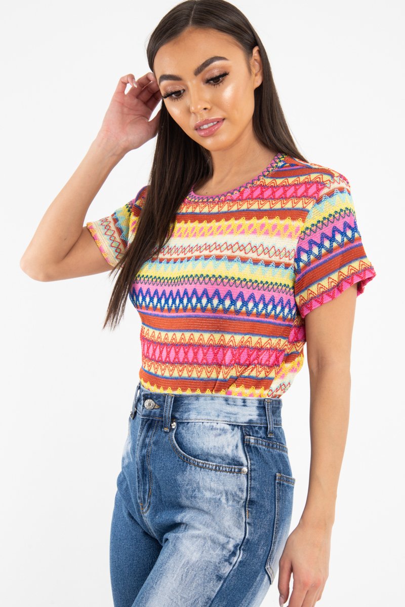 Fuchsia Aztec Print Embroidered T-Shirt - Karinna-T-shirt