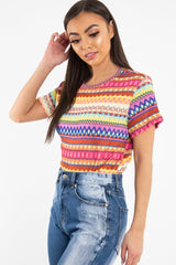 Fuchsia Aztec Print Embroidered T-Shirt - Karinna-T-shirt