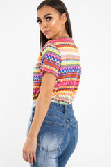 Fuchsia Aztec Print Embroidered T-Shirt - Karinna-T-shirt