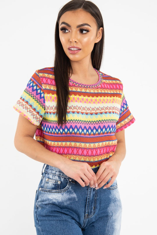 Fuchsia Aztec Print Embroidered T-Shirt - Karinna