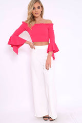 Fuchsia Bardot Frill Crop Top with Flared Sleeves - Tiffy-Tops