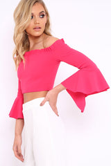 Fuchsia Bardot Frill Crop Top with Flared Sleeves - Tiffy-Tops