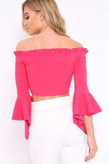 Fuchsia Bardot Frill Crop Top with Flared Sleeves - Tiffy-Tops