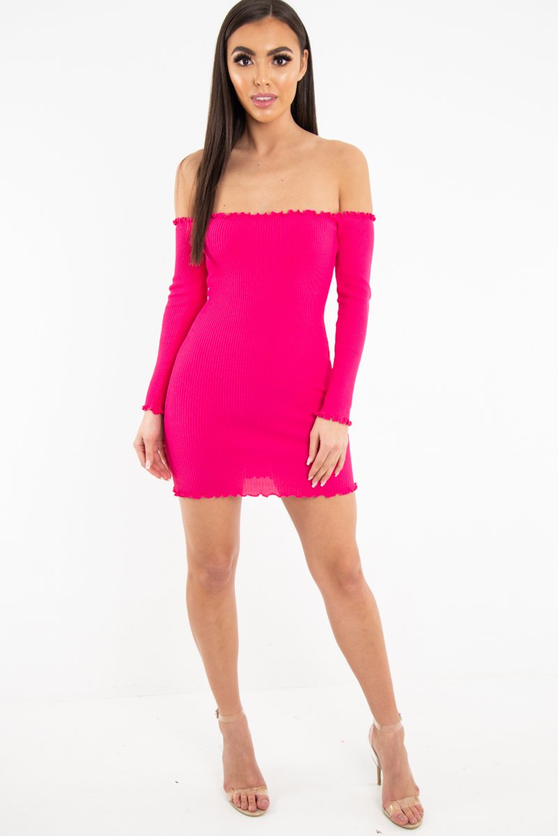 Fuchsia Bardot Lettuce Hem Rib Knit Mini Dress - Keysha-Dresses