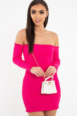 Fuchsia Bardot Lettuce Hem Rib Knit Mini Dress - Keysha-Dresses