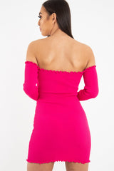 Fuchsia Bardot Lettuce Hem Rib Knit Mini Dress - Keysha-Dresses