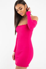 Fuchsia Bardot Lettuce Hem Rib Knit Mini Dress - Keysha-Dresses