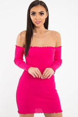 Fuchsia Bardot Lettuce Hem Rib Knit Mini Dress - Keysha-Dresses