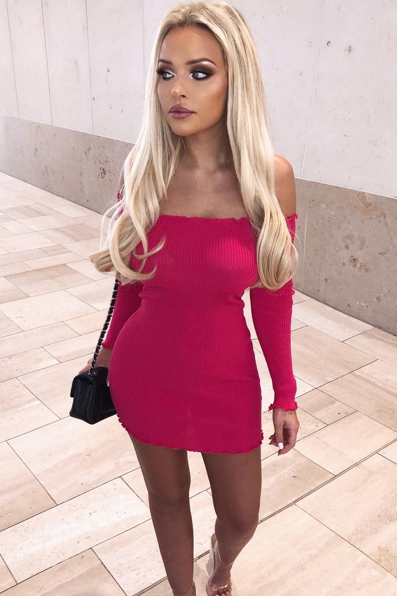 Fuchsia Bardot Lettuce Hem Rib Knit Mini Dress - Keysha-Dresses