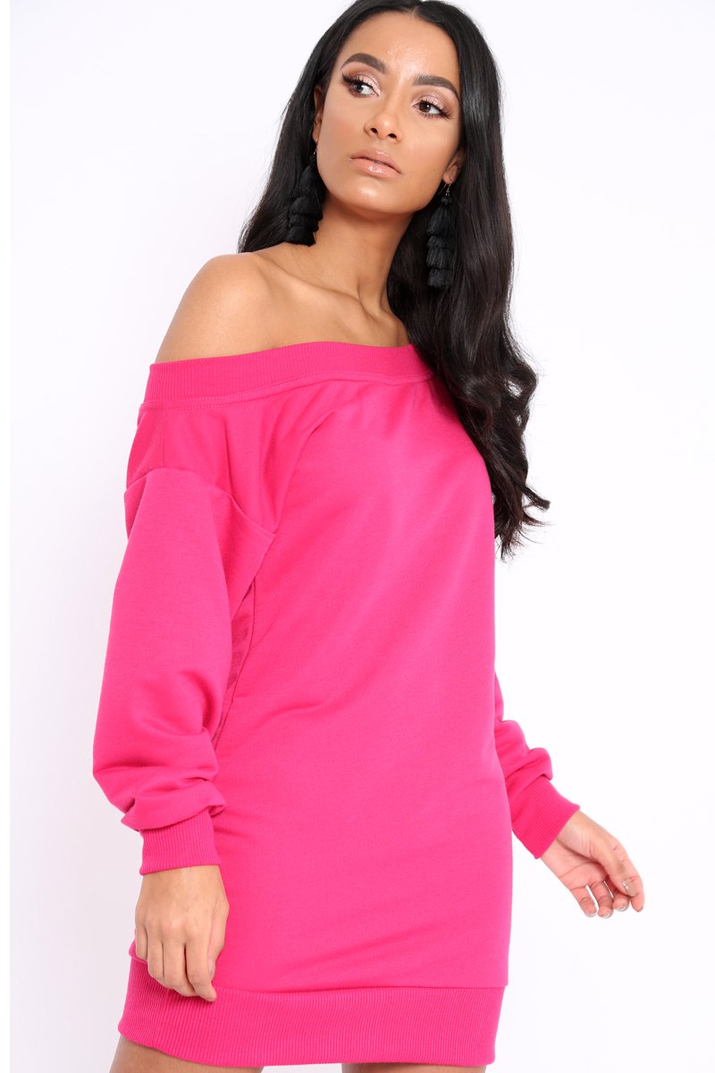Fuchsia Bardot Sweater Dress - Ariel-Dresses
