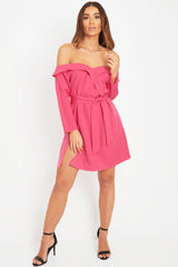 Fuchsia Belted Bardot Skater Dress - Jencie-Dresses