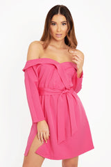 Fuchsia Belted Bardot Skater Dress - Jencie-Dresses