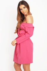 Fuchsia Belted Bardot Skater Dress - Jencie-Dresses