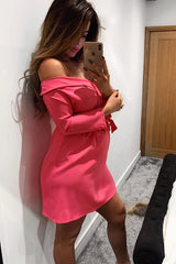 Fuchsia Belted Bardot Skater Dress - Jencie-Dresses