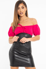Fuchsia Black PU Puff Sleeve Tie Front Bodycon Dress - Angelina-Dresses