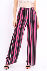 Fuchsia, Black and White Striped High Waist Flare Trousers - Jen-Trousers
