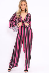 Fuchsia, Black and White Striped High Waist Flare Trousers - Jen-Trousers