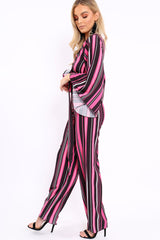 Fuchsia, Black and White Striped High Waist Flare Trousers - Jen-Trousers