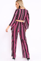 Fuchsia, Black and White Striped High Waist Flare Trousers - Jen-Trousers