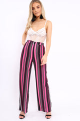 Fuchsia, Black and White Striped High Waist Flare Trousers - Jen-Trousers