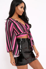 Fuchsia Black and White Striped Wrap Tie Crop Blouse - Shannon-Tops