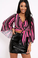Fuchsia Black and White Striped Wrap Tie Crop Blouse - Shannon-Tops