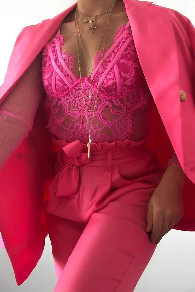 Fuchsia Button Front Blazer Belted Trousers Suit Co-Ord - Millie-Co-ords