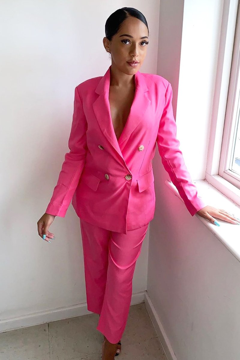 Fuchsia Button Front Blazer Belted Trousers Suit Co-Ord - Millie-Co-ords