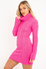 Fuchsia Cable Knit Roll Neck Jumper Dress - Matilda-Dresses