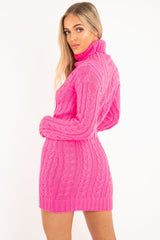 Fuchsia Cable Knit Roll Neck Jumper Dress - Matilda-Dresses