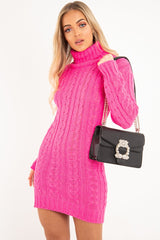 Fuchsia Cable Knit Roll Neck Jumper Dress - Matilda-Dresses