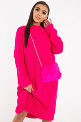 Fuchsia Chunky Knit Slash Neck Jumper Dress - Hessie-Dresses