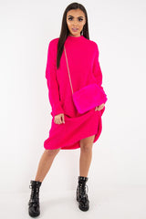 Fuchsia Chunky Knit Slash Neck Jumper Dress - Hessie-Dresses