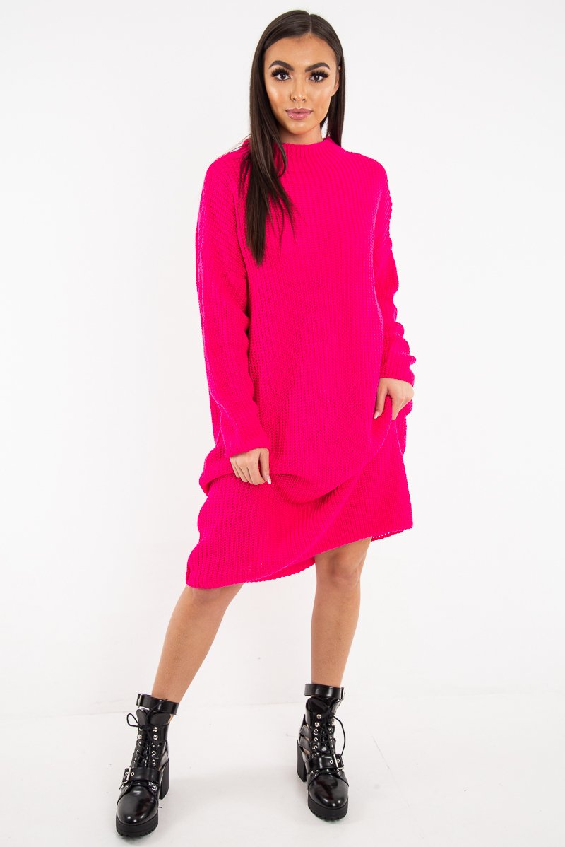 Fuchsia Chunky Knit Slash Neck Jumper Dress - Hessie-Dresses