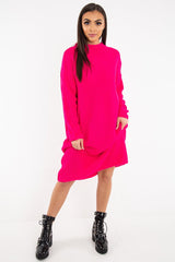 Fuchsia Chunky Knit Slash Neck Jumper Dress - Hessie-Dresses