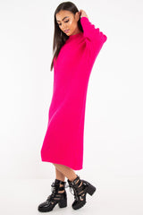 Fuchsia Chunky Knit Slash Neck Jumper Dress - Hessie-Dresses
