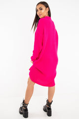 Fuchsia Chunky Knit Slash Neck Jumper Dress - Hessie-Dresses