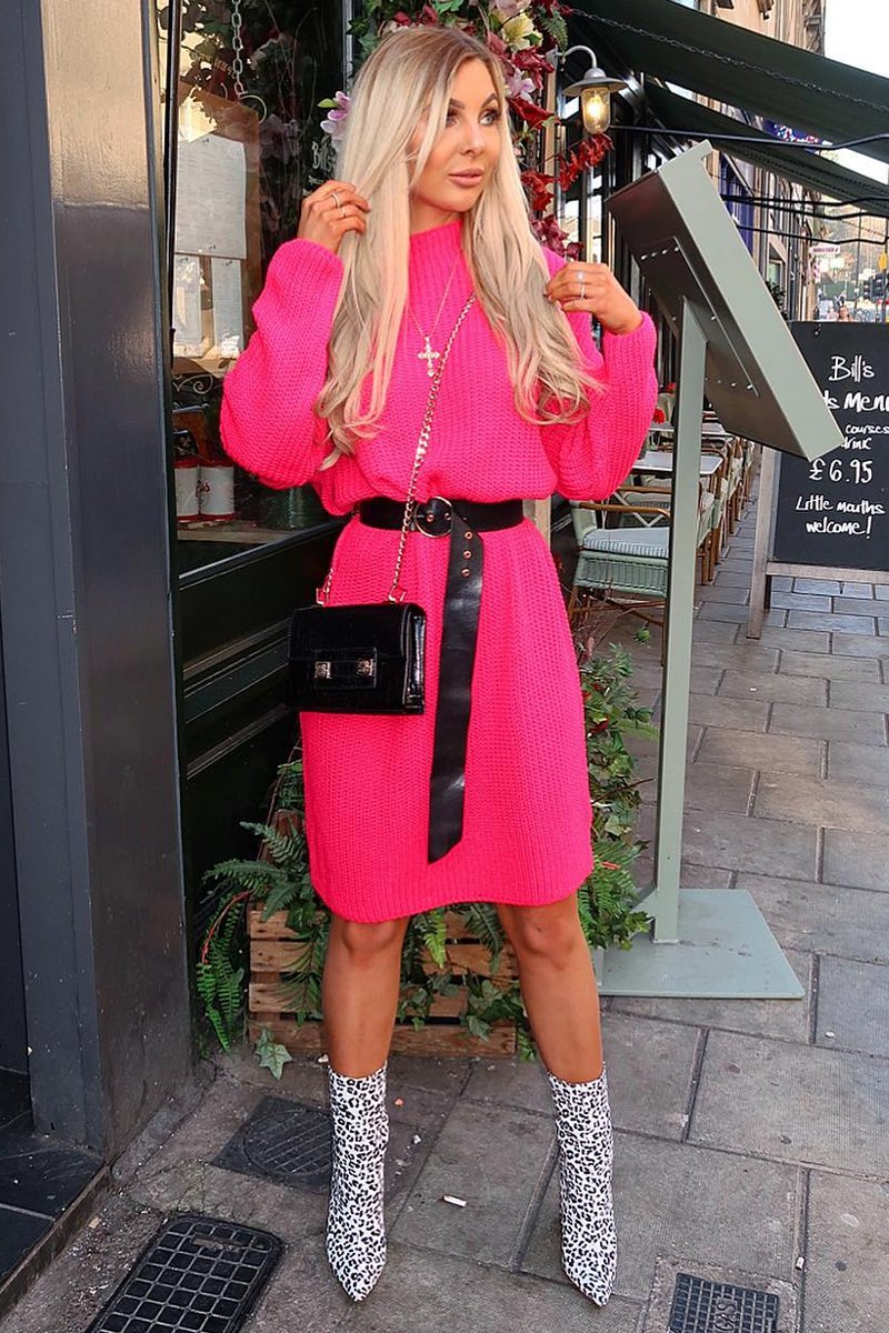 Fuchsia Chunky Knit Slash Neck Jumper Dress - Hessie-Dresses