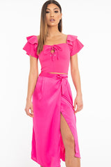 Fuchsia Cold Shoulder Lace Up Bardot Crop Top - Kenndra-Crop Tops