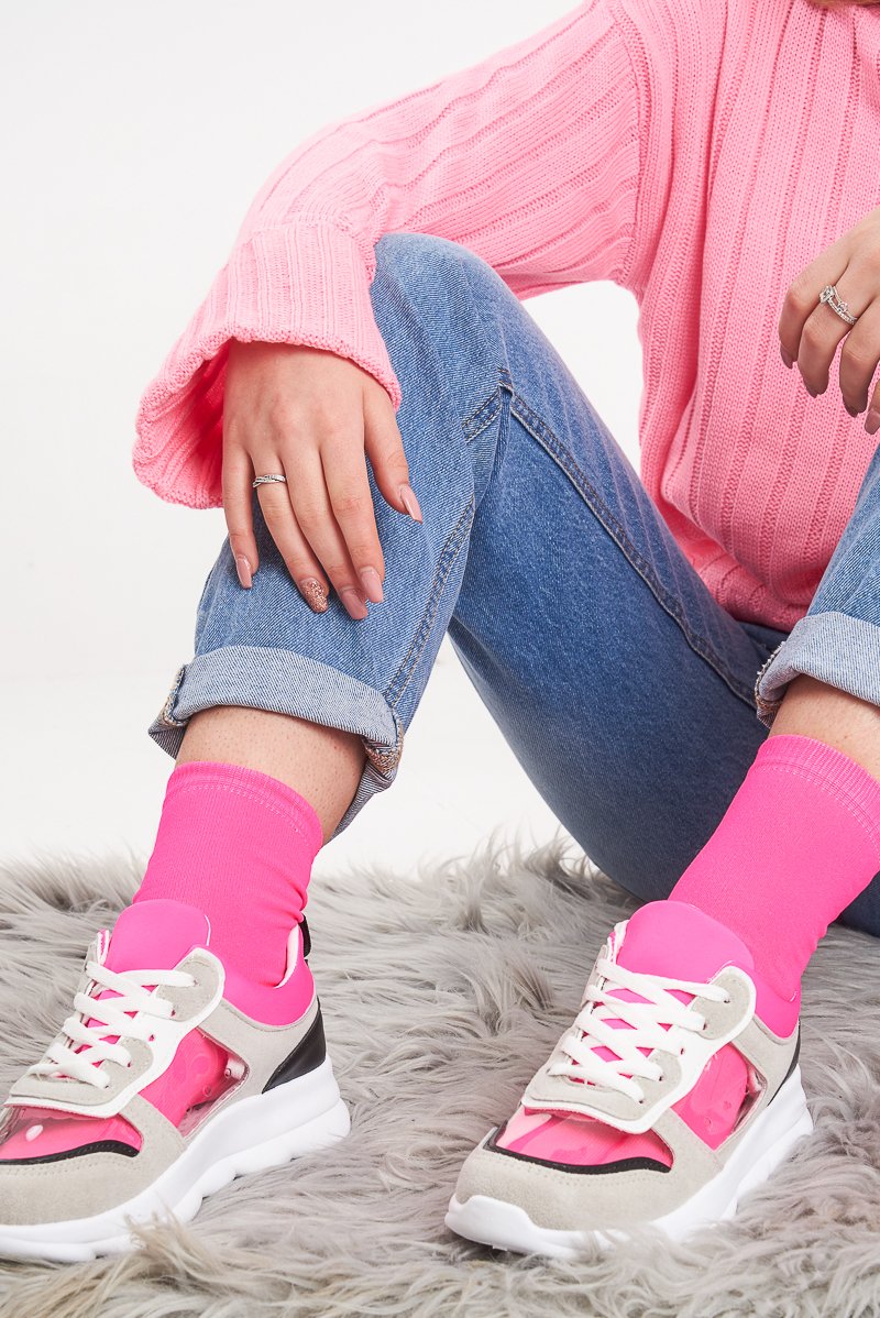 Fuchsia Contrast and Clear Lace Up Trainers - Molly-Trainers