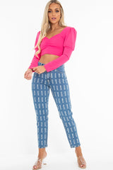 Fuchsia Crepe Sweetheart Puff Sleeve Crop Top - Porsha-Crop Tops