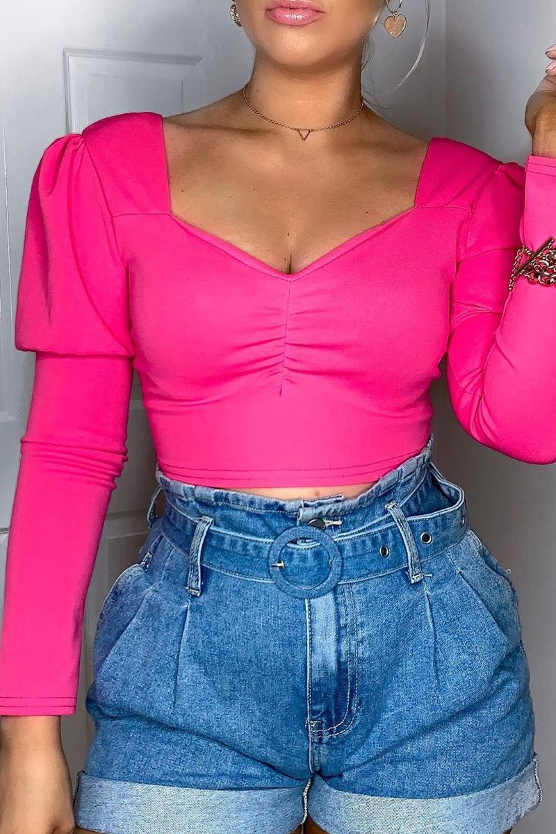 Fuchsia Crepe Sweetheart Puff Sleeve Crop Top - Porsha-Crop Tops