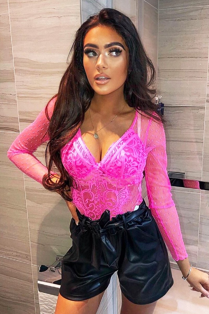 Fuchsia Dobby Mesh Low Cut Bodysuit - Tamara-Bodysuits