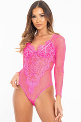 Fuchsia Dobby Mesh Low Cut Bodysuit - Tamara-Bodysuits