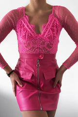 Fuchsia Dobby Mesh Low Cut Bodysuit - Tamara-Bodysuits